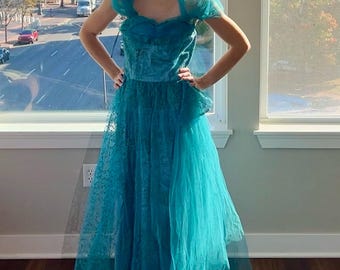 the Frenchie // Vintage 1950s Handmade Teal Strapless Crumb Catcher Tulle Flocked Lace Prom Dress Party Shawl S/M Bust 34" Waist 28.5"