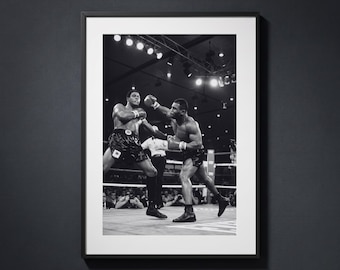 Lámina de boxeo de Mike Tyson / Póster vintage del campeón de peso pesado / Arte mural fotográfico deportivo en blanco y negro / Decoración para gimnasio de boxeo / Arte icónico de la lucha