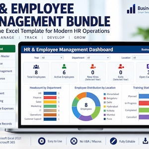 Puede incluir: Una plantilla digital de Excel para la gestión de recursos humanos y empleados en la pantalla de un portátil. La interfaz muestra un panel con métricas sobre el total de empleados, personal activo, nuevas contrataciones y departamentos.