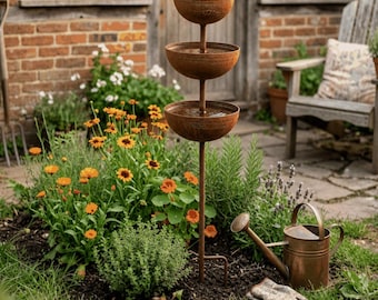 Three Tier Metal Bird Bath Stake, Rustic Pollinator Water Cups, Eco Friendly Garden Yard Art