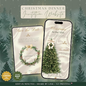 Può includere: Due modelli di invito digitale per una cena di Natale visualizzati su schermi di smartphone. I design presentano uno sfondo in raso color crema, una ghirlanda verde, un albero di Natale decorato e testo dorato che recita Christmas Dinner Invitation Website.