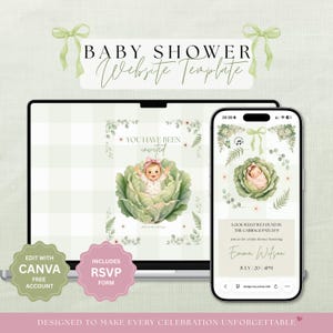 May include: A digital baby shower website template displayed on a laptop and smartphone screen. The design features a watercolor illustration of a baby inside a cabbage, green gingham background, and text including BABY SHOWER Website Template.