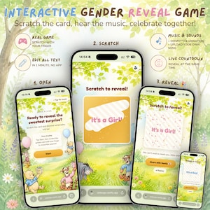 Peut inclure: Quatre smartphones affichent un jeu interactif de révélation de genre avec des personnages de Winnie l'ourson. Les écrans présentent les étapes 'Open', 'Scratch', 'Reveal' et du texte comme 'It's a Girl!' sur un fond de forêt.