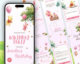 Website met uitnodiging voor de eerste verjaardag van Winnie de Pooh, bewerkbare Canva-uitnodiging, verjaardagskaart voor een meisje met Pooh-thema, inclusief RSVP, muziek en afteltimer.