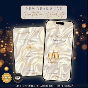 Peut inclure: Un modèle de site web d'invitation pour le Nouvel An affiché sur un smartphone et une tablette. Le design présente un fond en satin crème avec du texte doré, des flûtes à champagne et des confettis. Le texte inclut "Save the Date", "New Year's Eve", "Cheers to 20XX" et "The Smiths".