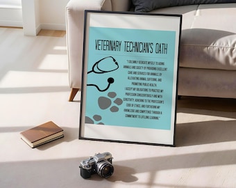 May include: Framed print with the text "VETERINARY TECHNICIAN'S OATH" and a stethoscope graphic. The print is light blue with black text and paw prints. A camera and a book are in the foreground.