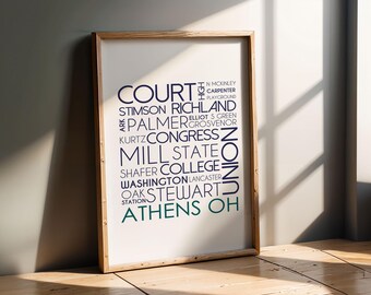 Póster con los nombres de las calles de Athens, Ohio