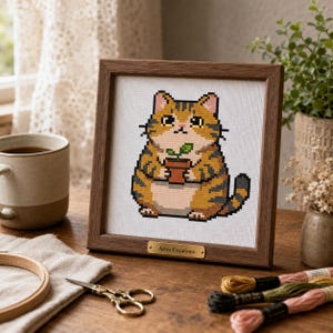 Patrón de punto de cruz: Gato con maceta | Patrón contado en PDF | 14 colores DMC | Regalo para amantes de los gatos y las plantas