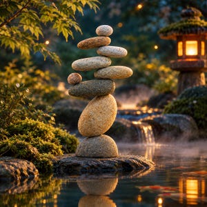 May include: A vertical stack of eight smooth, rounded, tan and gray stones balanced on a larger base rock. The stones are positioned in a garden setting with a glowing stone lantern, a small waterfall, and water with koi fish.