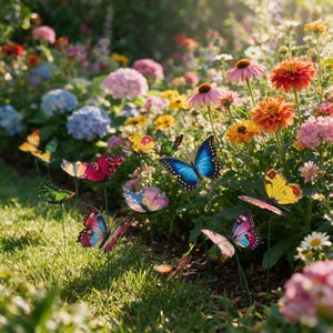 Può includere: Una collezione di picchetti da giardino decorativi a forma di farfalla con ali dai colori vivaci in tonalità blu, rosso, giallo, rosa e verde, posizionati tra una varietà di fiori in fiore in un giardino esterno soleggiato.