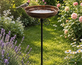 Metal Bird Bath with Stake, 10 Inch Bowl, 30 Inch Outdoor Garden Birdbath, Rust Resistant Vintage Style Decor