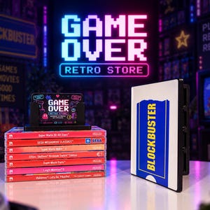 May include: A stack of seven Nintendo Switch game cases topped with a black display stand holding a business card that reads GAME OVER RETRO STORE. Beside the stack stands a white and blue Blockbuster video rental case with a vertical logo.