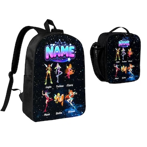 May include: A black backpack and a matching lunch bag featuring a galaxy print background. Both items display the text NAME in a blue and purple gradient font, along with illustrations of six characters labeled Layla, Techna, Flora, Musa, Stella, and Bloom.