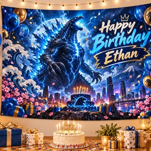 May include: A rectangular fabric backdrop featuring a large Godzilla figure, a city skyline, and the text Happy Birthday Ethan. The design includes blue lightning, cherry blossoms, and a birthday cake graphic, accented by blue and gold balloons.
