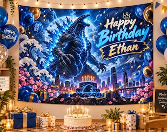 Personalized Giant Monster Birthday Tapestry, Custom Name City Battle Party Backdrop, Kaiju Birthday Banner, Kids Wall Decor