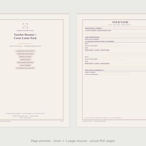 Könnte beinhalten: Ein digitales Dokumentenvorlagen-Set mit dem Titel Teacher Resume + Cover Letter Pack. Das Layout bietet eine klare, professionelle Struktur mit Abschnitten für berufliche Zusammenfassung, Kompetenzen und Erfahrungen.