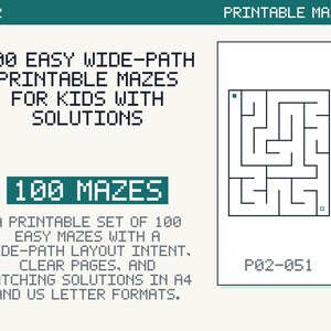 Könnte beinhalten: Ein digitales Dokument mit 100 einfachen, ausdruckbaren Labyrinthen mit breiten Pfaden für Kinder inklusive Lösungen. Der Text lautet 100 EASY WIDE-PATH PRINTABLE MAZES FOR KIDS WITH SOLUTIONS, 100 MAZES und P02-051, neben einer Labyrinth-Grafik.