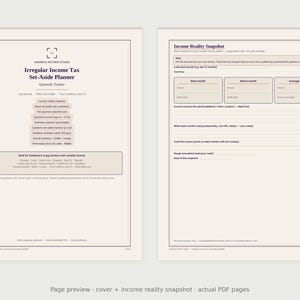 Könnte beinhalten: Ein digitales Planer-Dokument mit dem Titel Irregular Income Tax Set-Aside Planner, bestehend aus einer Titelseite und einer Income Reality Snapshot-Seite. Das Layout zeigt dunklen Text auf hellem Hintergrund mit strukturierten Abschnitten zur Erfassung von vierteljährlichen Einkünften, Ausgaben und Steuerrücklagen für variable Einkommen.