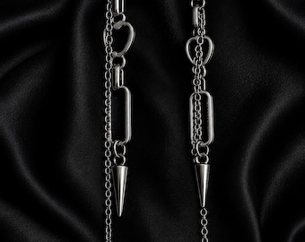 asymmetrische Edelstahl Statement Ohrringe | Lange Kettenohrringe Silber | Herz & Spike Ohrringe | Alternative Gothic Schmuck | Handgemacht