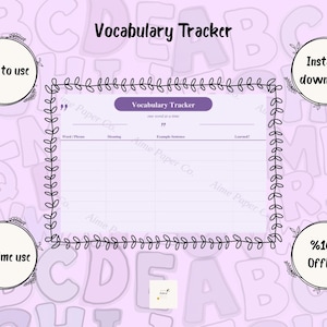 May include: A light purple vocabulary tracker template featuring a central table with columns for word or phrase, meaning, example sentences, and learned status. The design includes a leaf-patterned border and four circular text bubbles.