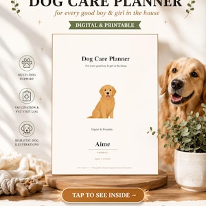 以下が含まれることがあります： Aime Paper Co.によるデジタルおよび印刷可能な犬用ケアプランナー。ゴールデンレトリバーのイラストが特徴です。このドキュメントには、多頭飼育サポート、ワクチン接種や獣医訪問の記録、リアルな犬のイラストが含まれています。