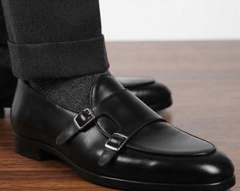 Handmade Black Leather Double Monk Strap Shoes | Handcrafted Men's Footwear