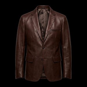 Men's Brown Genuine Leather Blazer: Tailored Fit, Two-Button Closure, Zippered Pocket