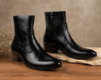 Botas de cano curto masculinas feitas à mão em couro preto