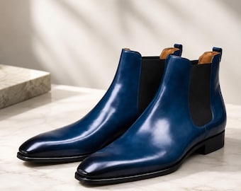 Botas Chelsea de cuero azul marino para hombre, hechas a mano.