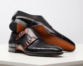 Chaussures à double boucle pour homme en cuir noir avec bout rapporté - Chaussures haut de gamme