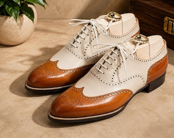 Ręcznie robione dwukolorowe buty typu oksford Spectator Wingtip dla mężczyzn