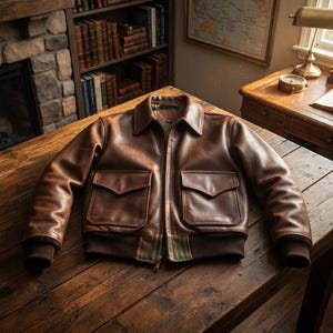 Chaqueta bomber de cuero marrón estilo vintage con dos bolsillos de parche.