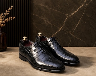 Handmade Black Crocodile Embossed Leather Oxford Shoes for Men