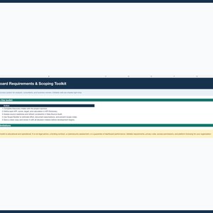 May include: A digital spreadsheet titled Dashboard Requirements & Scoping Toolkit. It features sections for How to use this toolkit and Important limitations, with numbered steps for project discovery, KPI definition, and data source auditing.