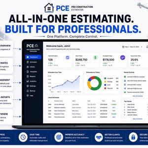 May include: A laptop screen displaying the PCE Pro Construction Estimator software dashboard. The interface shows business metrics, including total estimates, value, and conversion rates, alongside a sidebar menu and a list of recent activity.