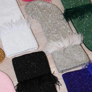 Beaded Christmas Stocking With Fluffy Trim, Sparkly Holiday Mantel Decor, Multiple Colors