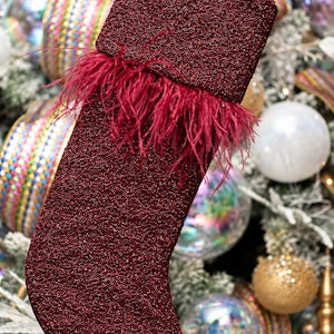 Beaded Christmas Stocking With Fluffy Trim, Sparkly Holiday Mantel Decor, Multiple Colors