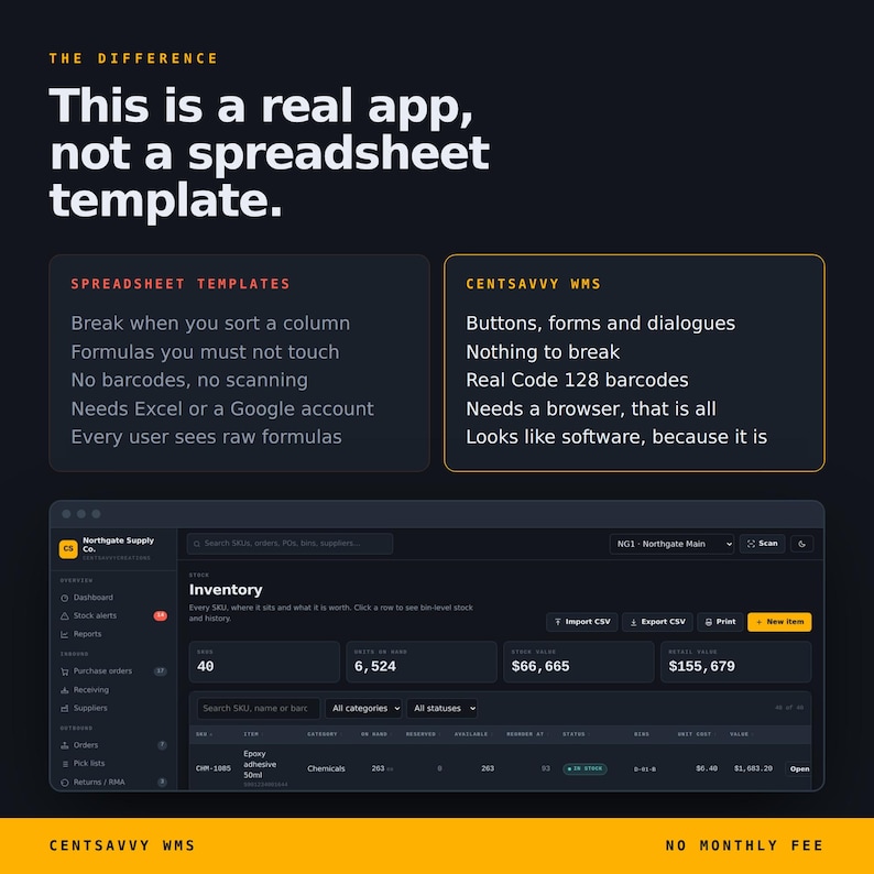 May include: A dark-themed software interface graphic titled The Difference, comparing spreadsheet templates to Centsavvy WMS. It displays a dashboard with inventory data, including SKU counts, stock values, and a list of items with columns for category, stock, and cost, alongside text highlighting software features.