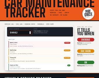 Car Maintenance Tracker, Vehicle Service Log, Fuel Log, Auto Repair Record (Digital Download)