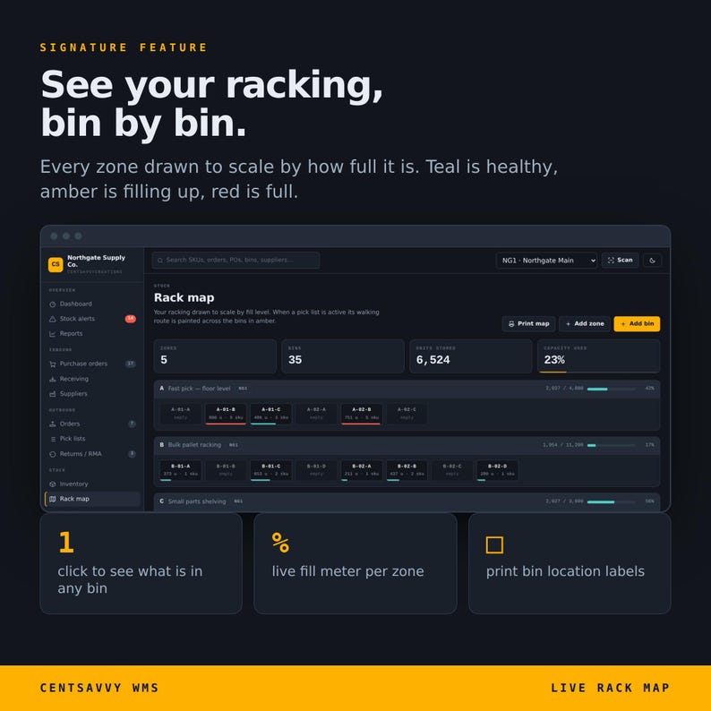May include: A digital dashboard interface titled Rack map displaying warehouse inventory data with teal, amber, and red color-coded fill levels. The screen shows zones, bins, and capacity percentages with text including See your racking, bin by bin.