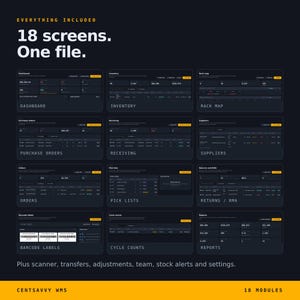 May include: A digital interface display featuring 18 screens for a warehouse management system. The dark-themed layout includes modules for dashboard, inventory, rack map, purchase orders, receiving, suppliers, orders, pick lists, returns, barcode labels, cycle counts, and reports. Text reads: Everything included 18 screens. One file. Plus scanner, transfers, adjustments, team, stock alerts and settings. Centsavvy WMS 18 modules.