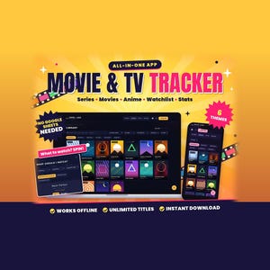 Può includere: Un'interfaccia di un'app digitale per il monitoraggio di film e serie TV visualizzata su un laptop e uno smartphone. Lo schermo mostra una libreria di titoli con copertine grafiche colorate, una funzione spin e testo tra cui ALL-IN-ONE APP, MOVIE & TV TRACKER.