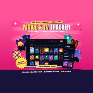 Può includere: Un'interfaccia di un'app per il monitoraggio di film e serie TV visualizzata su uno schermo di un portatile e di uno smartphone. Il design presenta un tema scuro con icone grafiche colorate, testo con "NOT A SPREADSHEET - A REAL APP", "MOVIE & TV TRACKER".