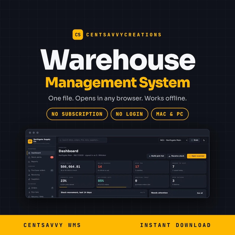 May include: A digital Warehouse Management System interface featuring a dark-themed dashboard with stock values, order metrics, and navigation menus. Text includes CENTSAVVYCREATIONS, Warehouse Management System, No Subscription, No Login, Mac & PC.