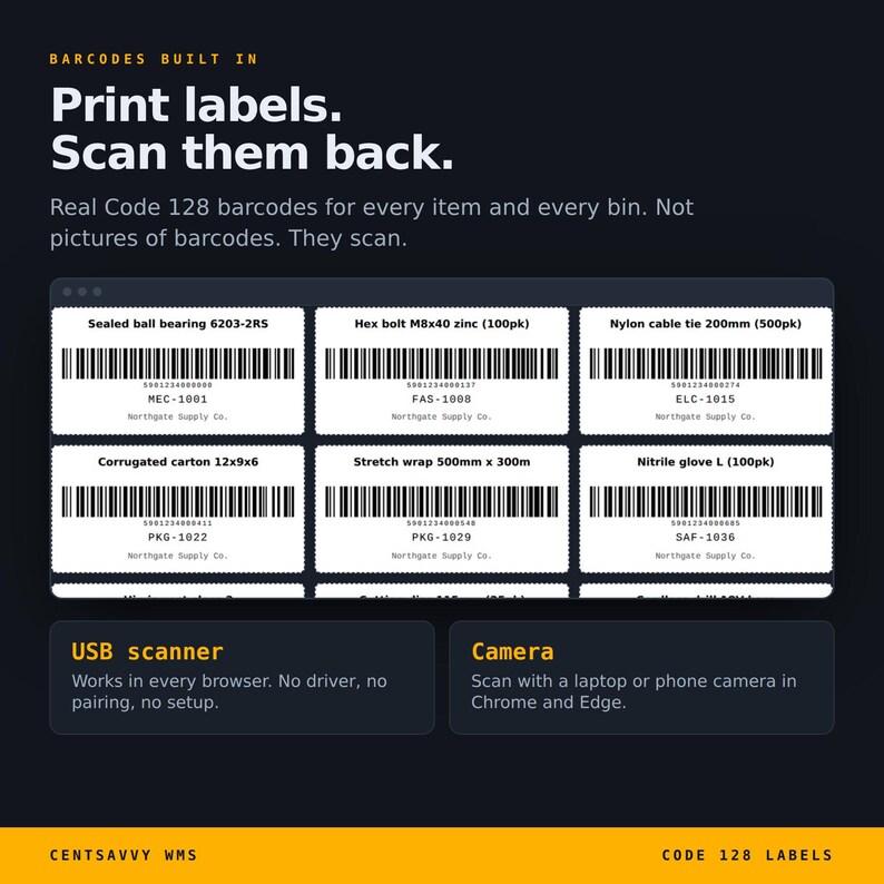 May include: A digital display featuring the text Barcodes Built In, Print labels. Scan them back. It shows six white rectangular labels with Code 128 barcodes, item names like Sealed ball bearing, and the Northgate Supply Co. logo. Below are USB scanner and Camera icons.