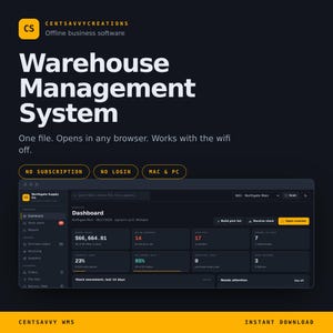 May include: A dark-themed Warehouse Management System software interface by Centsavvycreations. The dashboard displays stock value, order metrics, and inventory data. Text includes Warehouse Management System, No Subscription, No Login, Mac & PC.