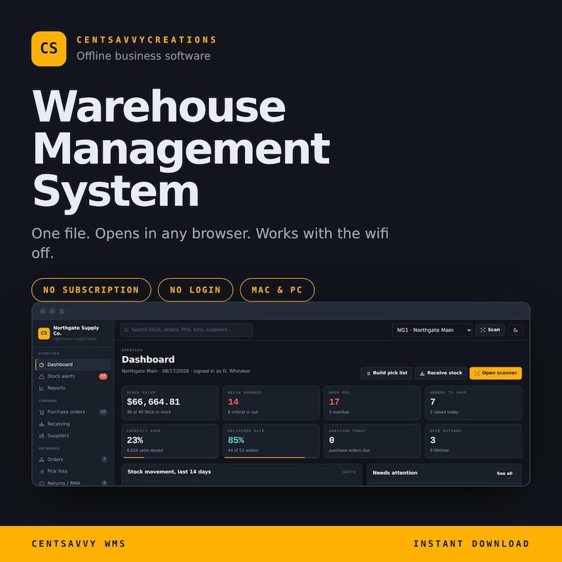 May include: A dark-themed Warehouse Management System software interface by Centsavvycreations. The dashboard displays stock value, order metrics, and inventory data. Text includes Warehouse Management System, No Subscription, No Login, Mac & PC.