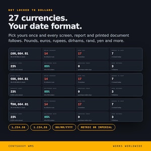 May include: A dark interface graphic titled Not Locked To Dollars, 27 currencies. Your date format. It displays three rows of data tables with stock values in pounds, euros, and rupees, alongside metrics for capacity, delivery rates, and orders.