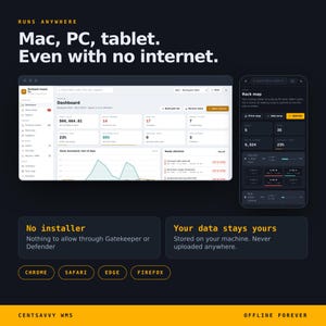 May include: A dark-themed software interface display showing a dashboard and rack map for Northgate Supply Co. Text reads: Runs anywhere, Mac, PC, tablet. Even with no internet. No installer. Your data stays yours. Compatible with Chrome, Safari, Edge, Firefox.