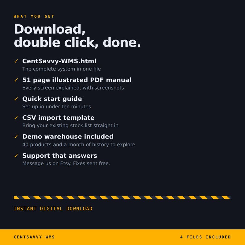 May include: A digital product information graphic with a dark background and yellow accents. Text reads: What you get, Download, double click, done, CentSavvy-WMS.html, 51 page illustrated PDF manual, Quick start guide, CSV import template, Demo warehouse included, Support that answers, Instant digital download, CentSavvy WMS, 4 files included.